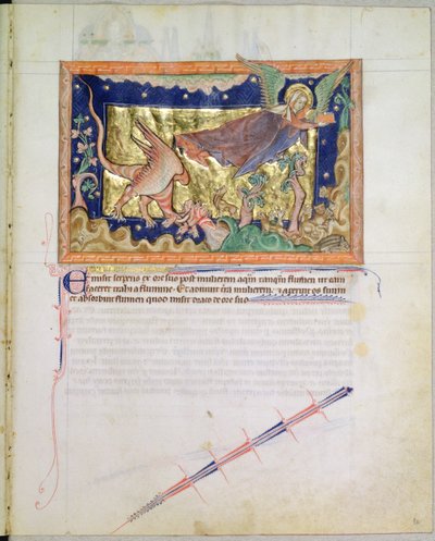 The Woman Flying Away as the Earth Swallows the Water Spewed Out by the Red Dragon, from the Gulbenkian Apocalypse, c.1265-70 by English School